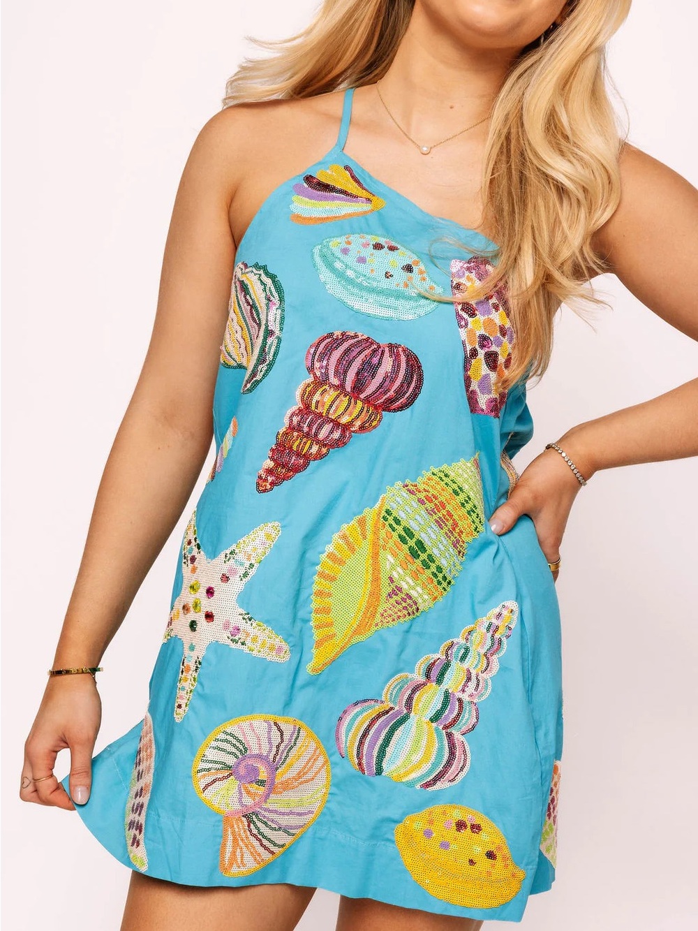 QUEEN OF SPARKLES Turquoise Shell-Print Swim Coverup